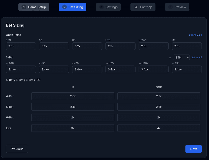 Bet Sizing Matrix - Configure Opens, 3-Bets, 4-Bets